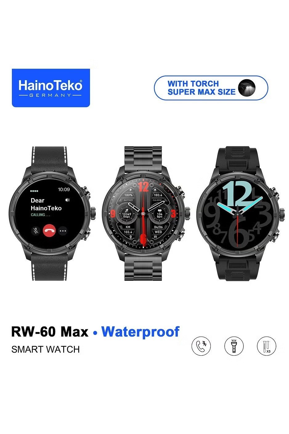 Haino Teko Smart Watch Men RW-60 Max AMOLED Touchscreen Fitness Tracker 3 Straps