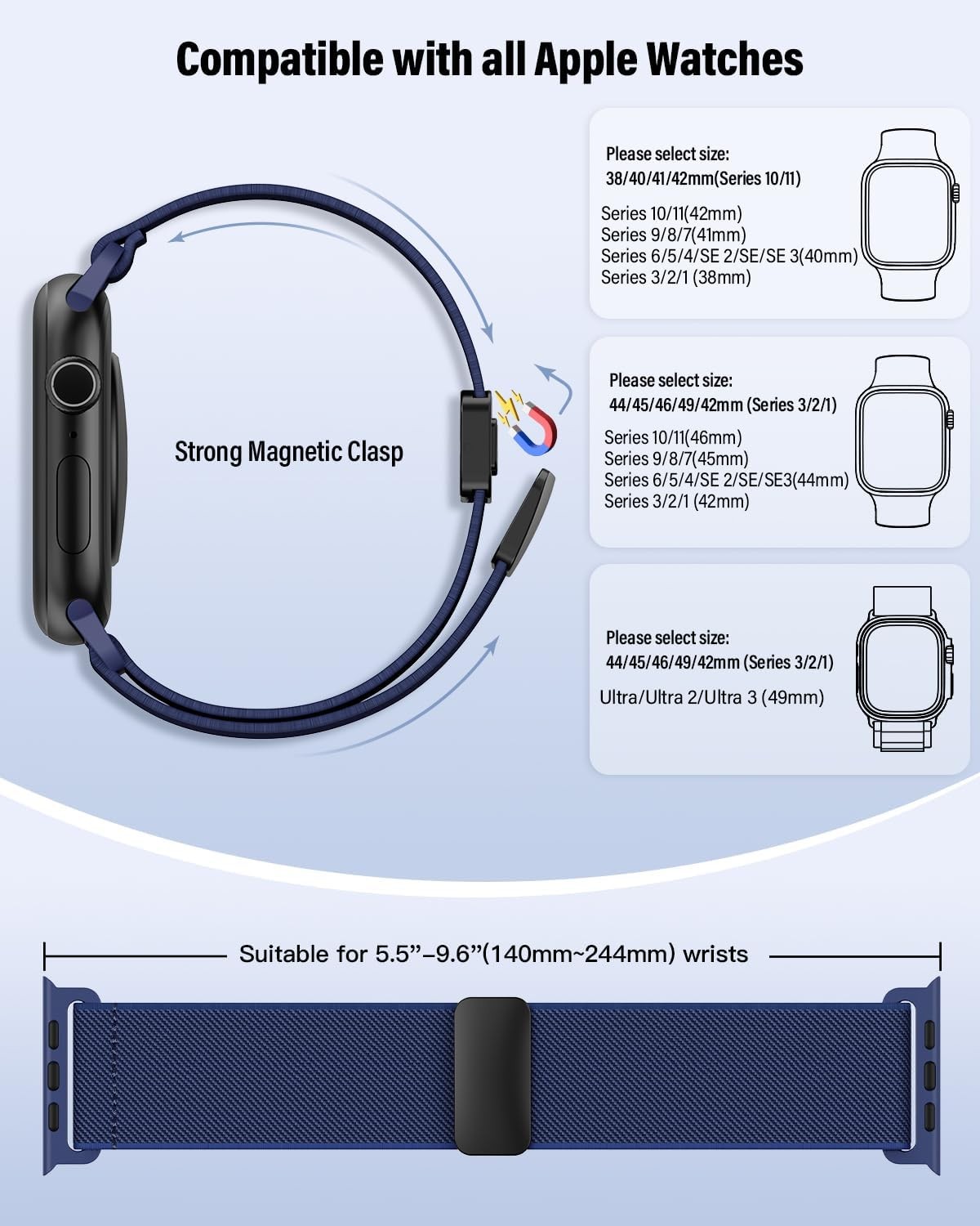 Navy Blue Stretchy Band for Apple Watch Series 7 8 9 40mm 41mm Compatible Strap