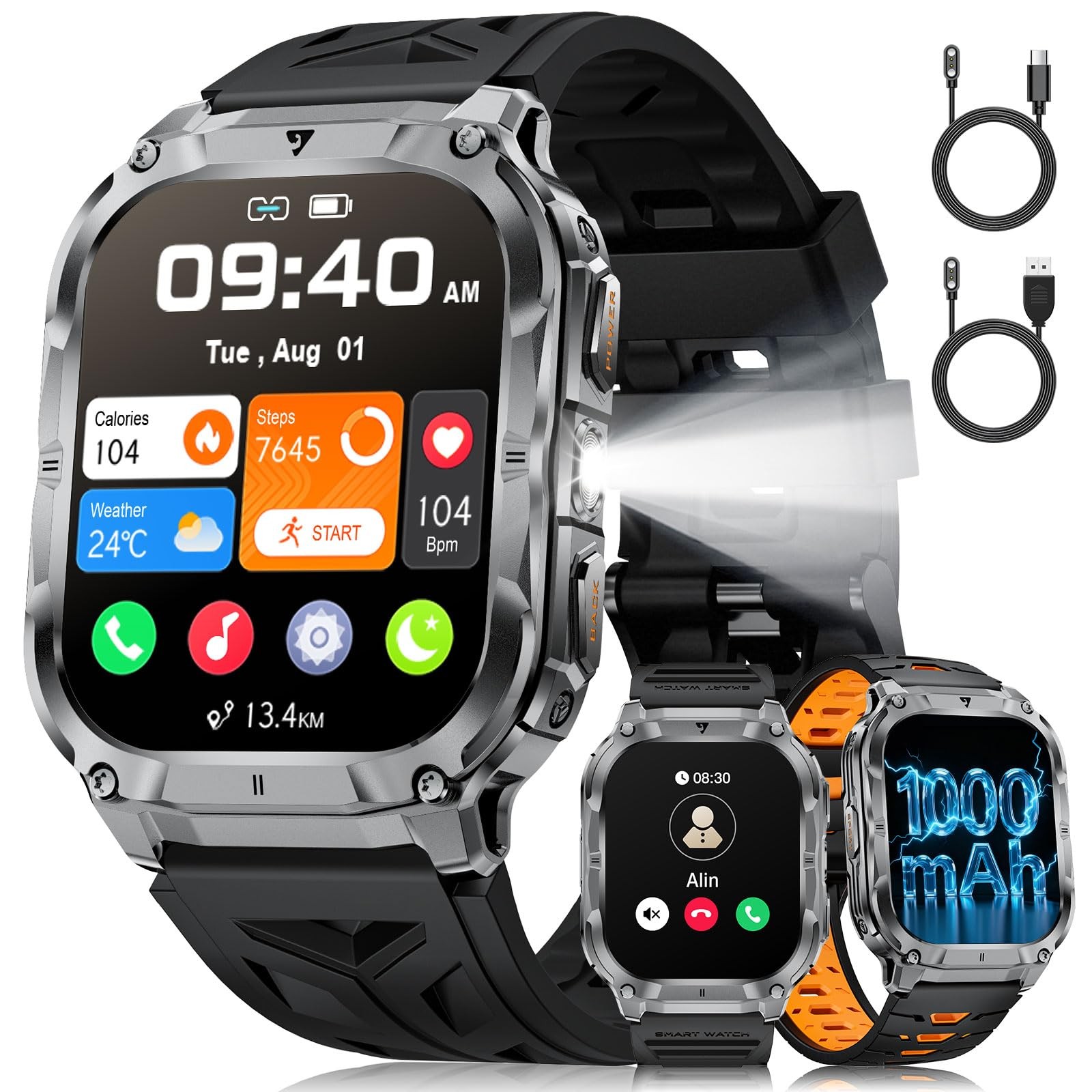 2.0″ Military Smart Watch for Men with Flashlight, Make/Answer Calls, 1000mAh…