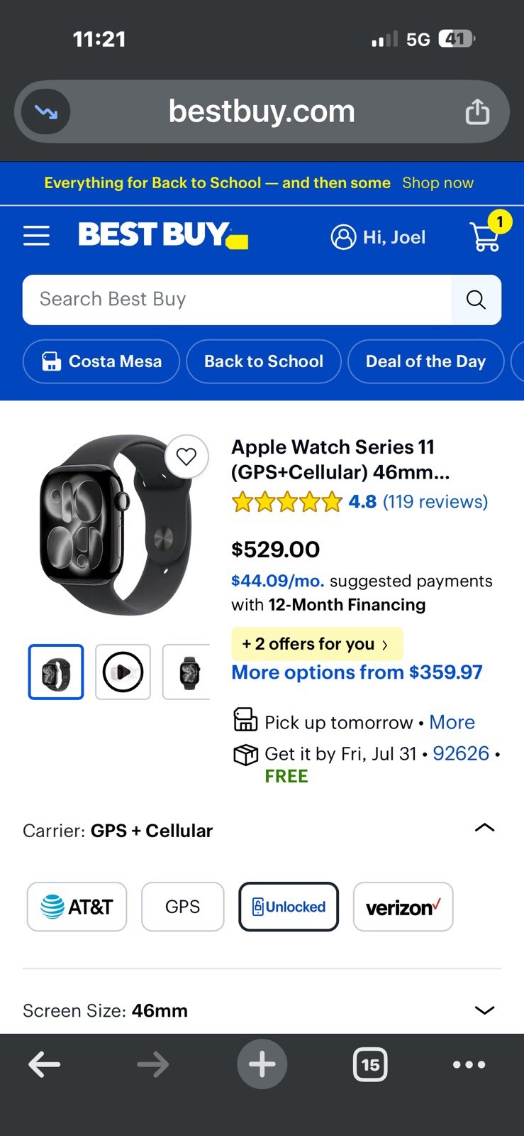 Brand New Apple Watch Series 11 (46mm) GPS + Cellular (A3337) Jet Black S/M Band