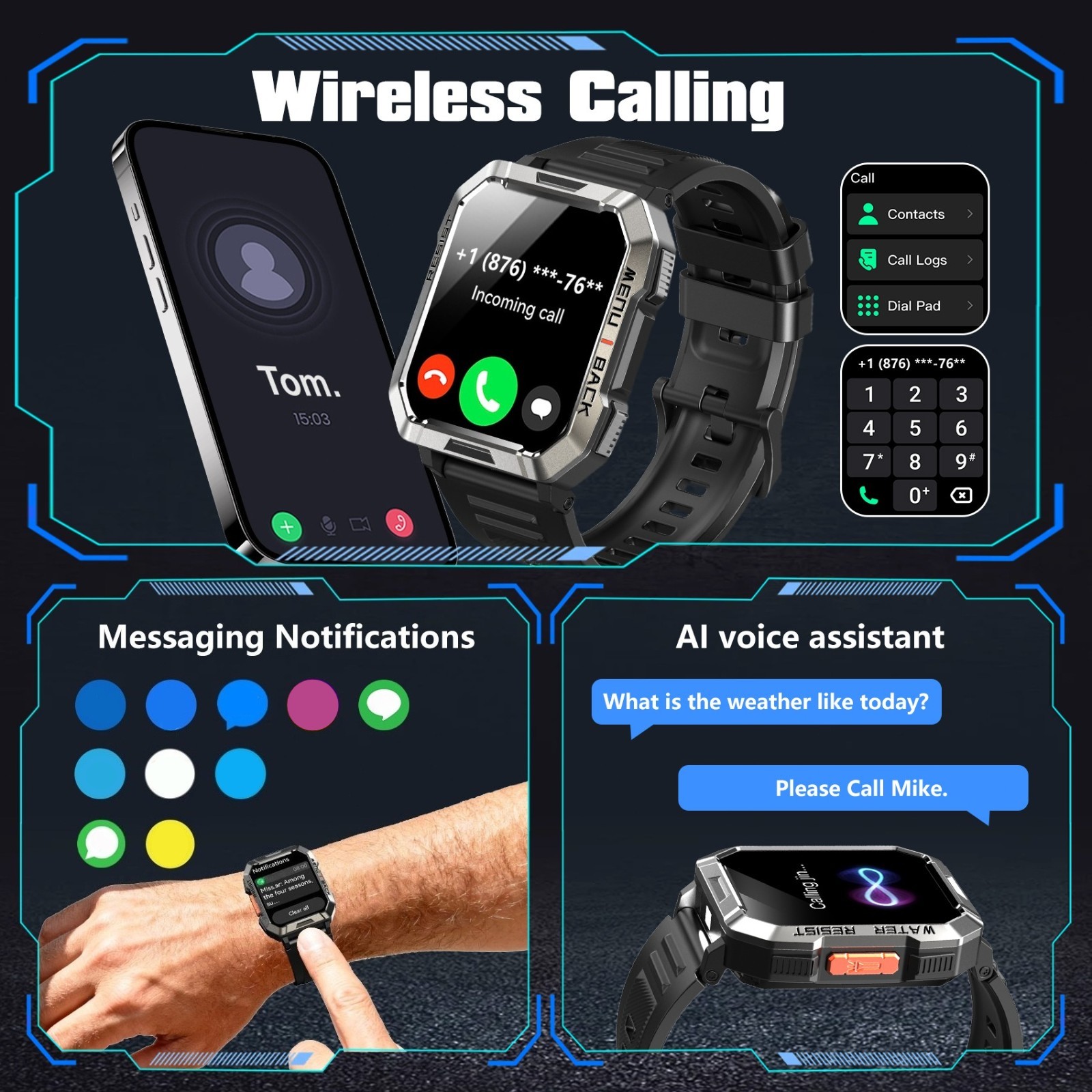 Military Smart Watch Men Bluetooth Call Rugged Fitness Tracker for Android iOS