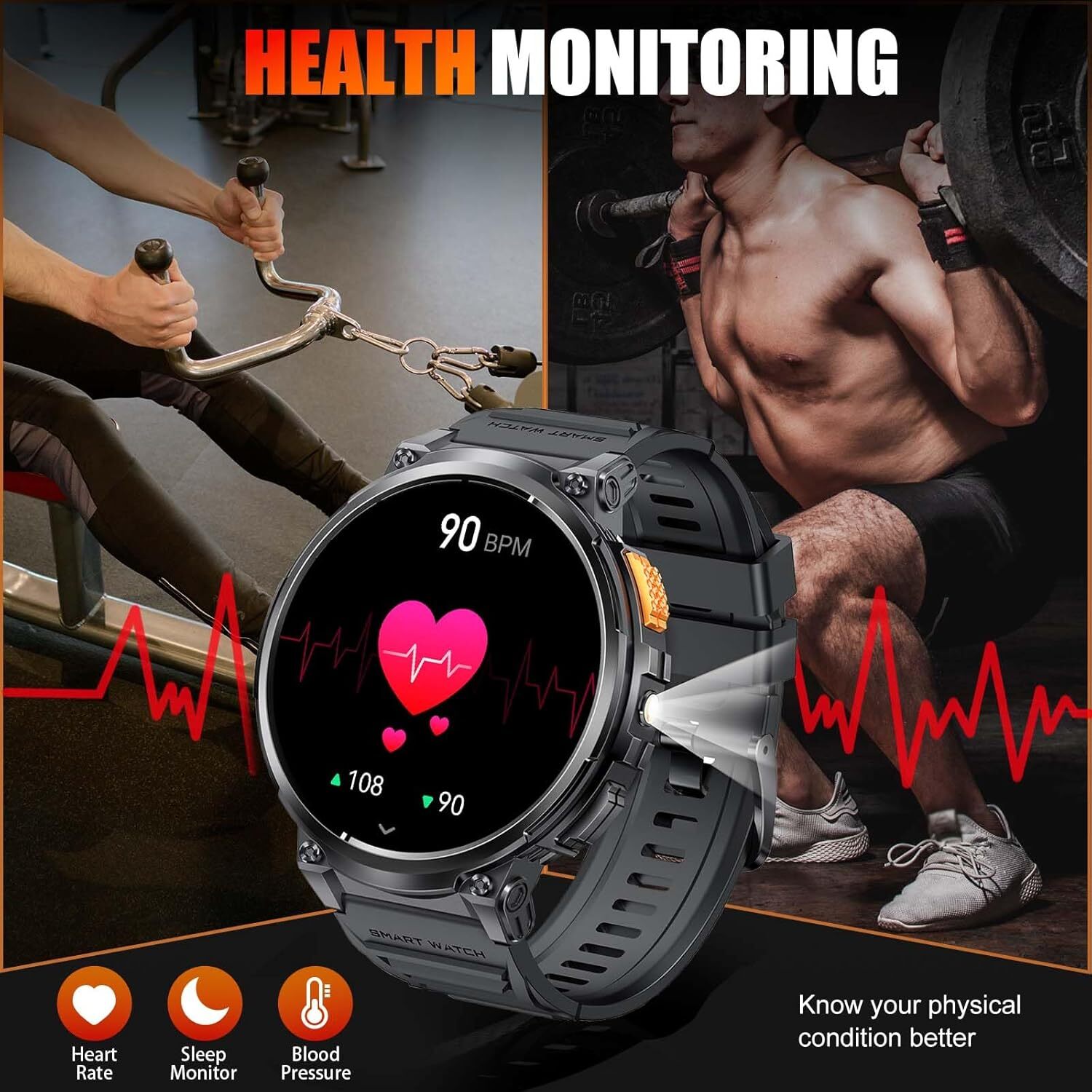 Military Smart Watch For Men (Call Receive/Dial) Rugged Tactical Fitness Tracker