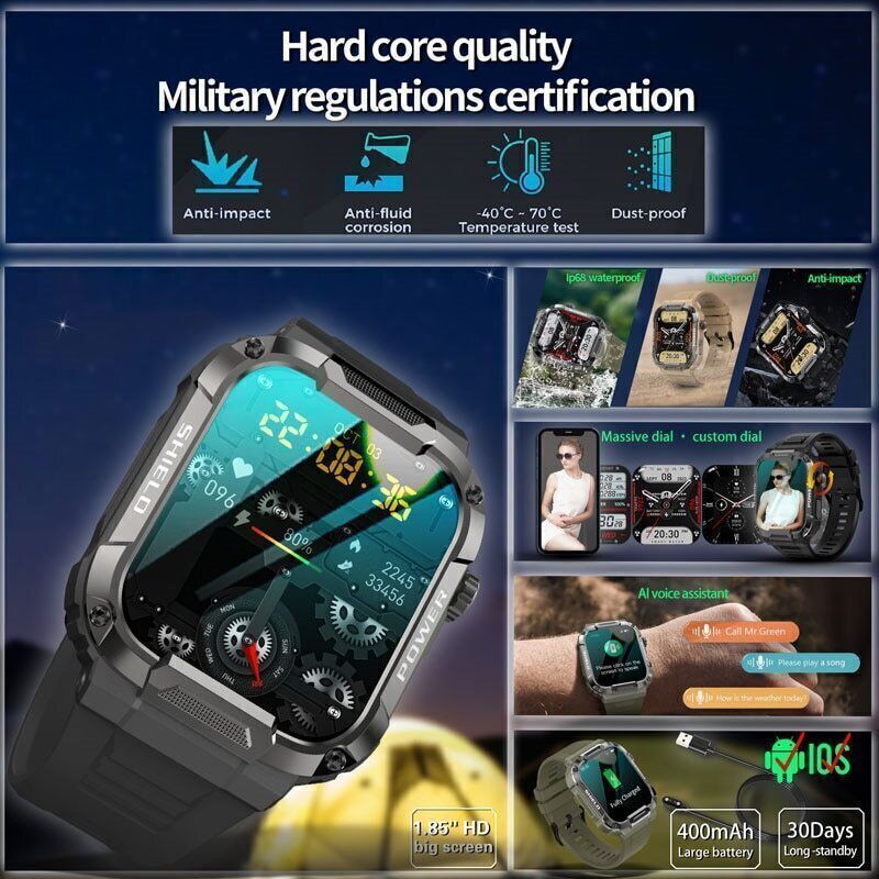 Black Smart Watch Men Women Fitness Tracker Heart Rate Watches for Android iOS