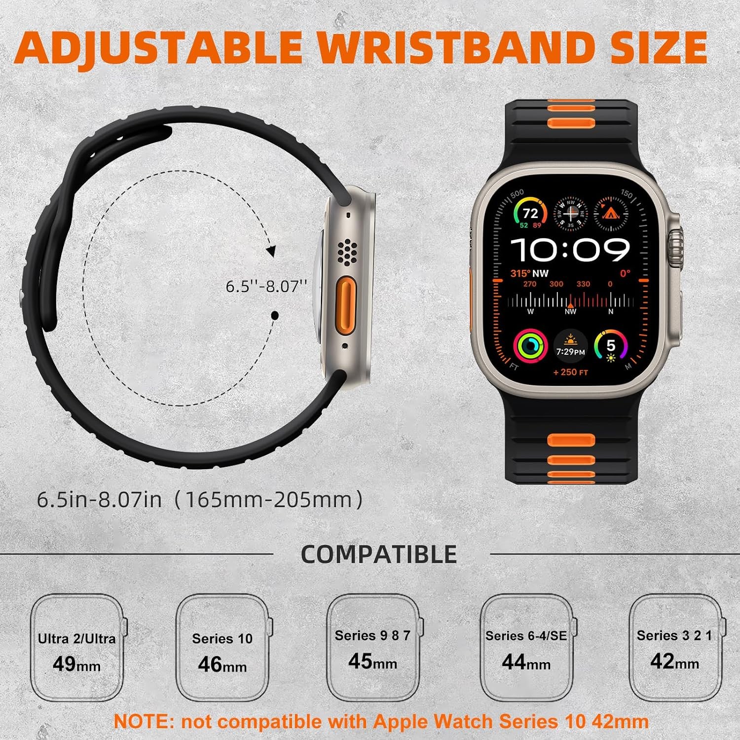 Black/Orange Waterproof Silicone Band for Apple Watch Ultra 2 3/All Series 49mm