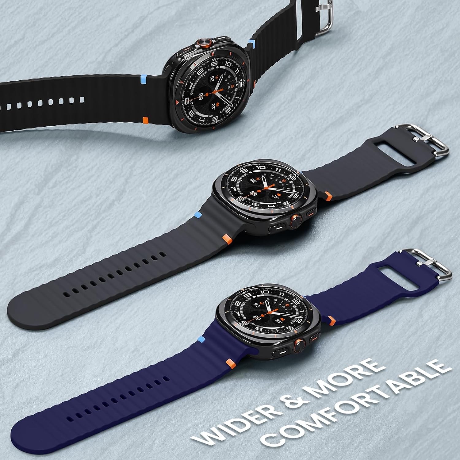 3-Pack Soft Silicone Bands for Galaxy Watch Ultra 47mm – Black, Gray, Blue