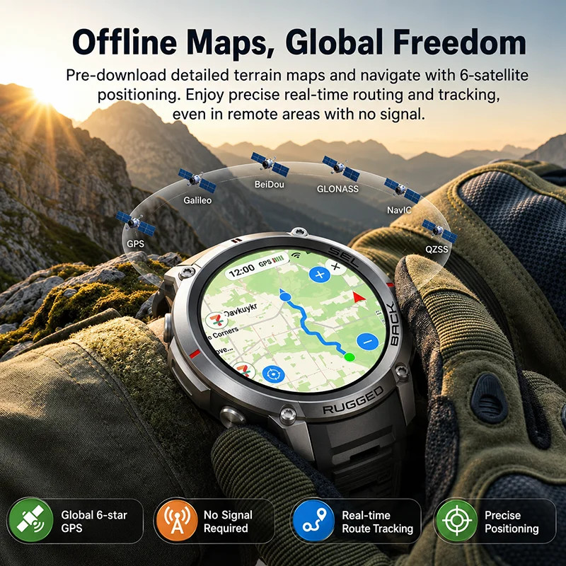 2026 Military Satellite Offline Map GPS Smart Watch Men 1.43”AMOLED Bluetooth
