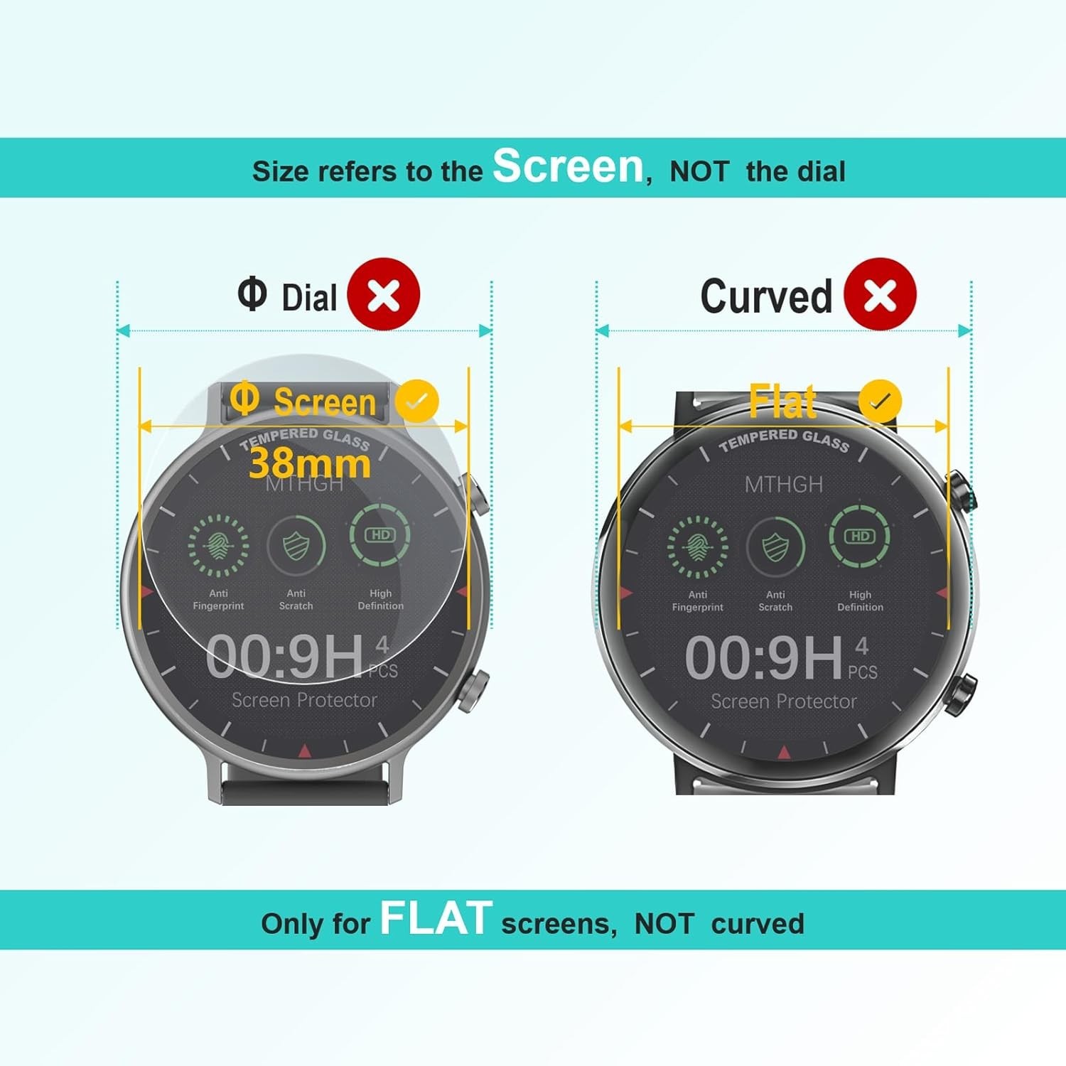 4 Pack Tempered Glass Screen Protector for Universal Round Watch 38mm 9H Hardnes