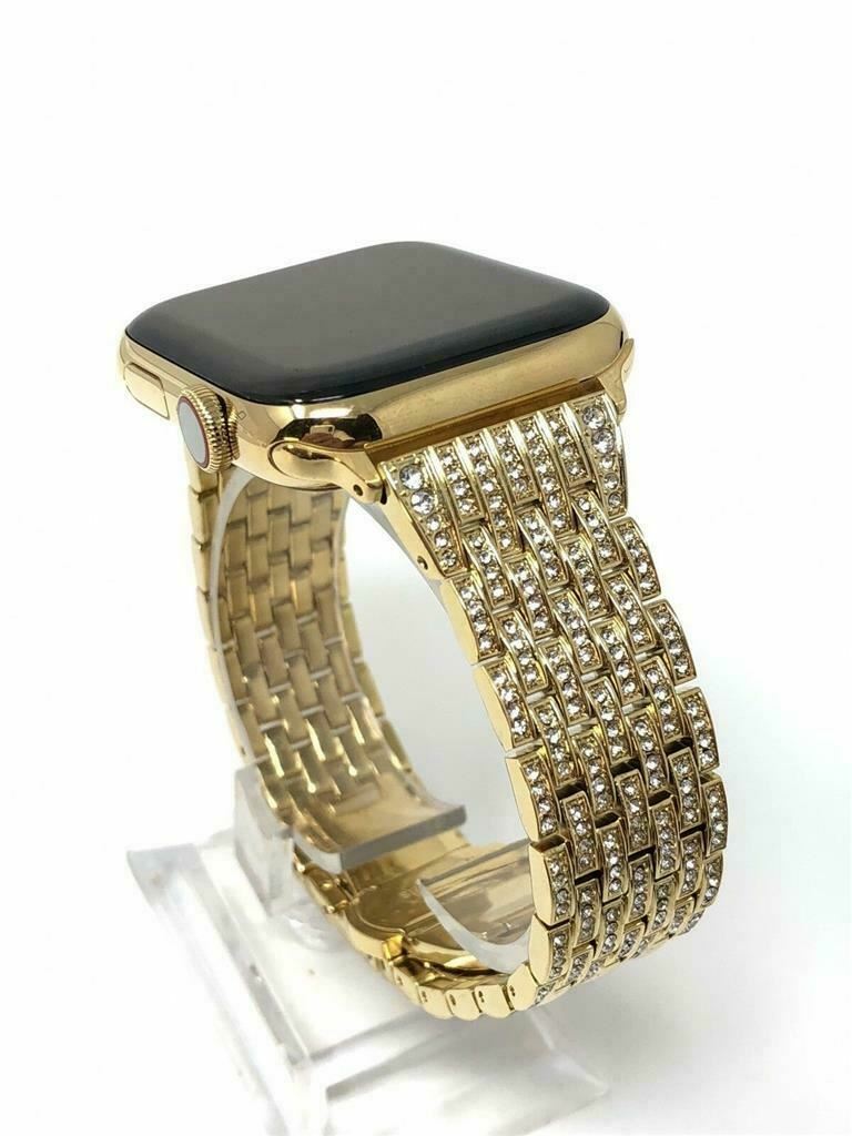 24K Gold Plated 44MM Apple Watch SERIES 6 Diamond Rhinestones Band GPS LTE O2