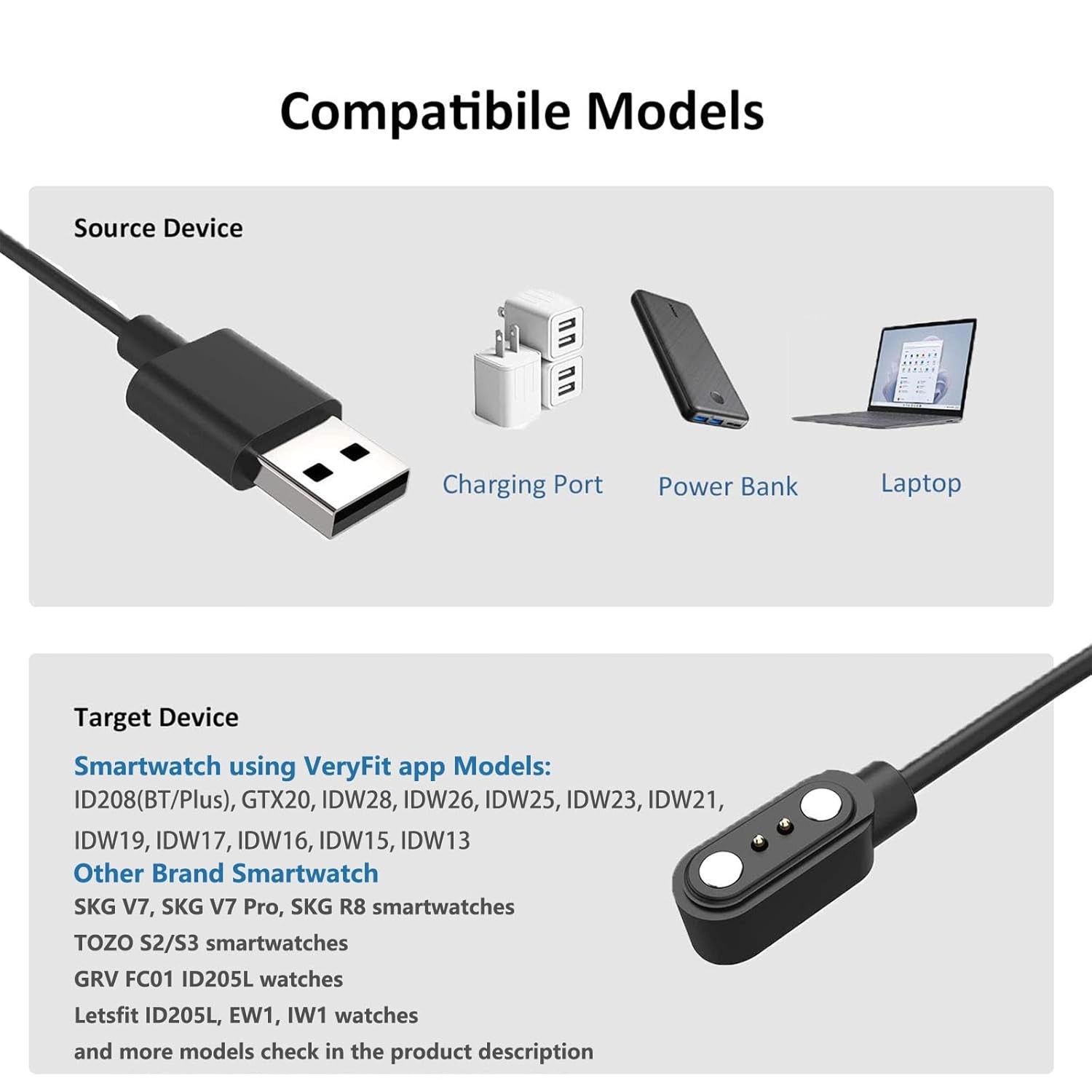 Charger for Smartwatch ID208, GTX20, IDW13/15/16/17, IDW19/20/25/26/28, 3.3 ft