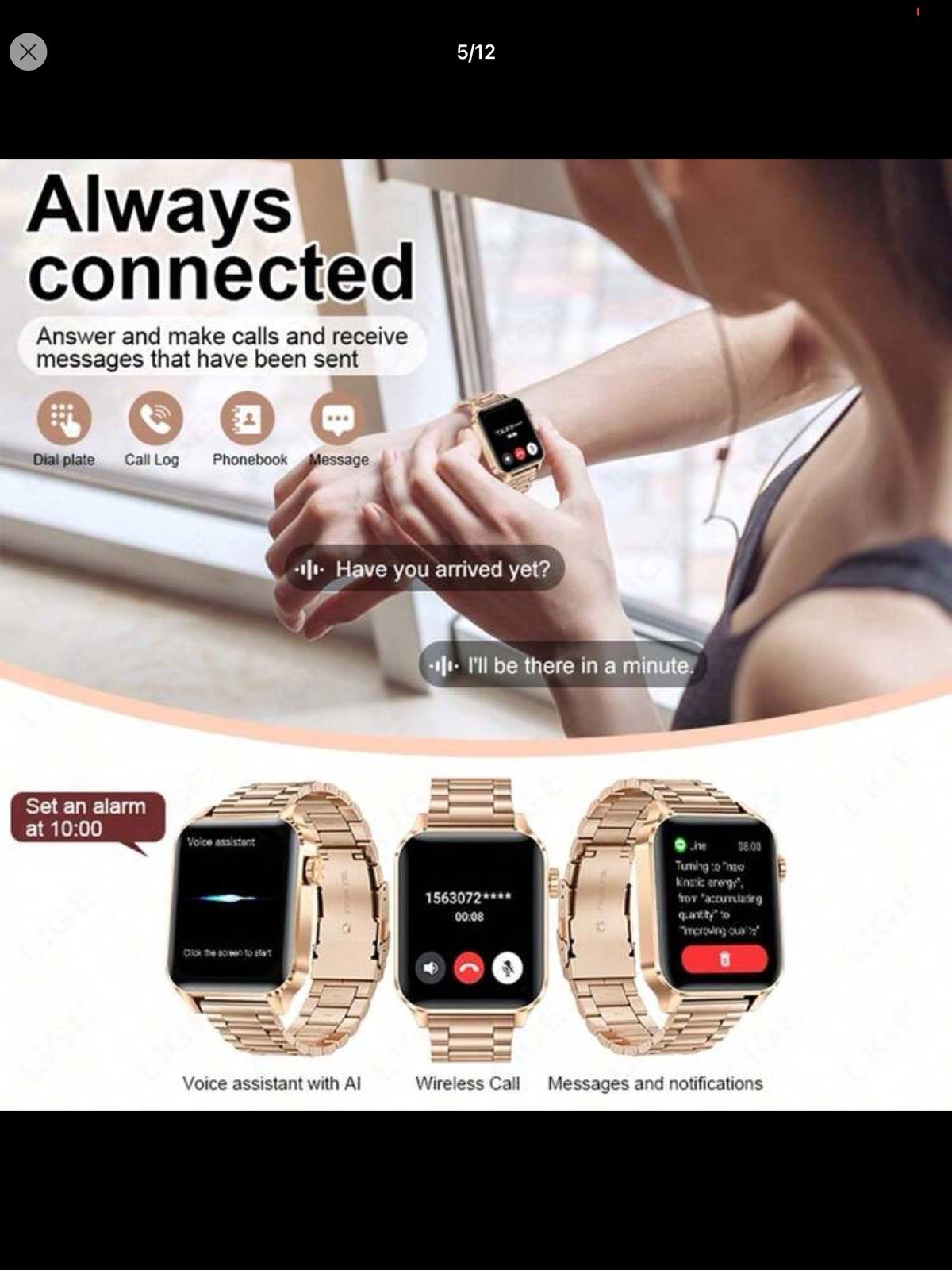 LIGE V22 Smart Watch Wireless Call, Voice Assistant, 100+ Sports Modes, Black/G…