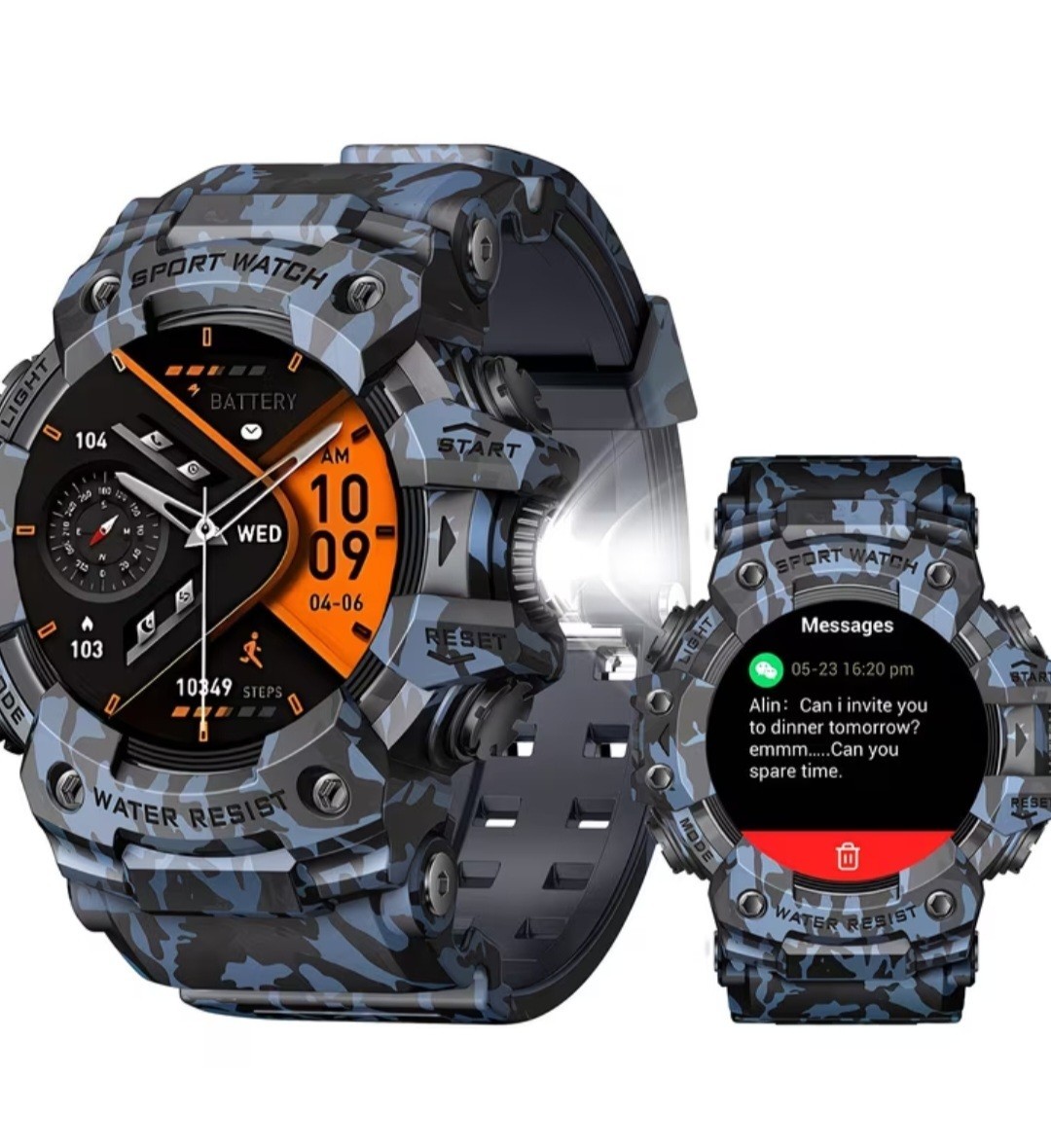 Tactical Sport Smartwatch – Waterproof Blue Camo – Heart Rate & Step Tracker