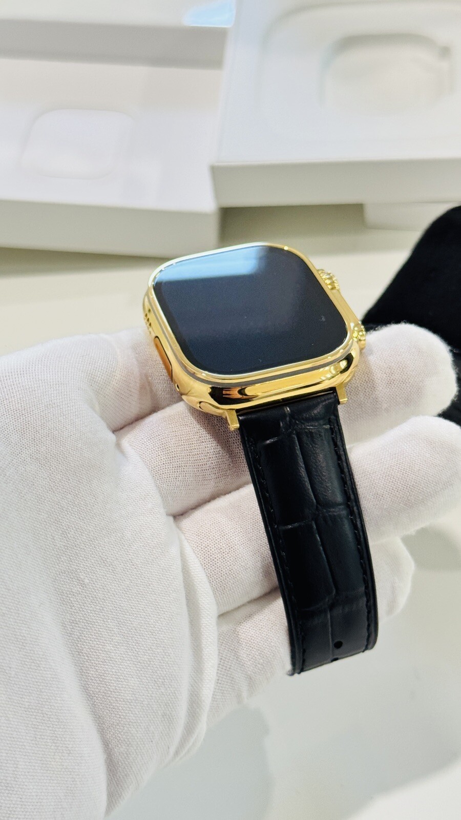 24k Gold Plated Apple Watch ULTRA 2 49mm Black Leather Band Polished CUSTOM