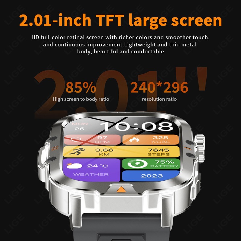 Smart Watch Men 2.01″HD Screen Fitness Tracker LED Flashlight for iPhone Android