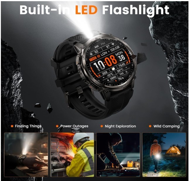 KOSPET Tank T4C Smart Watch for Men with LED Flashlight, GPS+Compass
