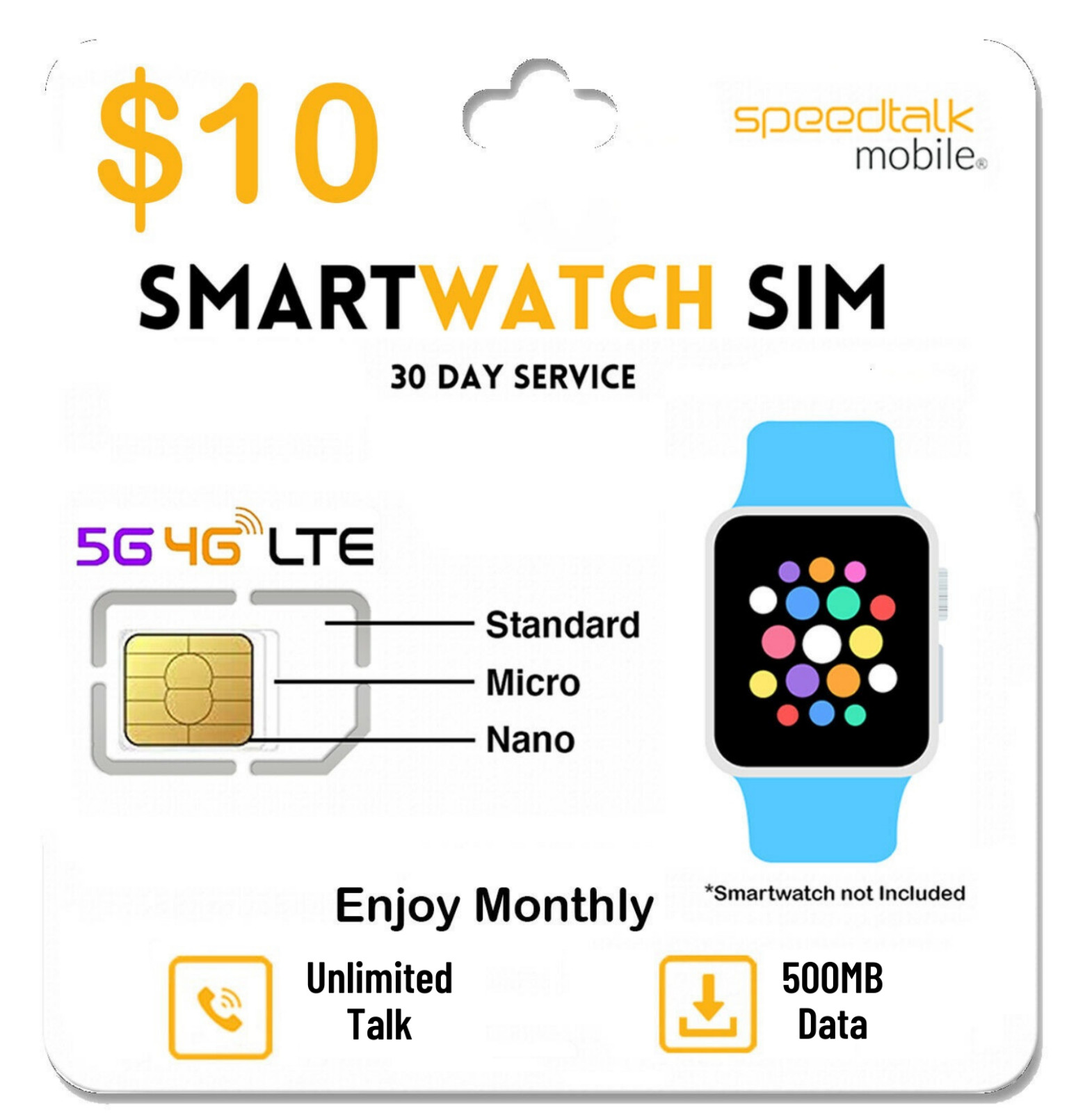 SpeedTalk Kids SmartWatch SIM Card 1000 MinutesTalk 500MB Smart Watch Wearables