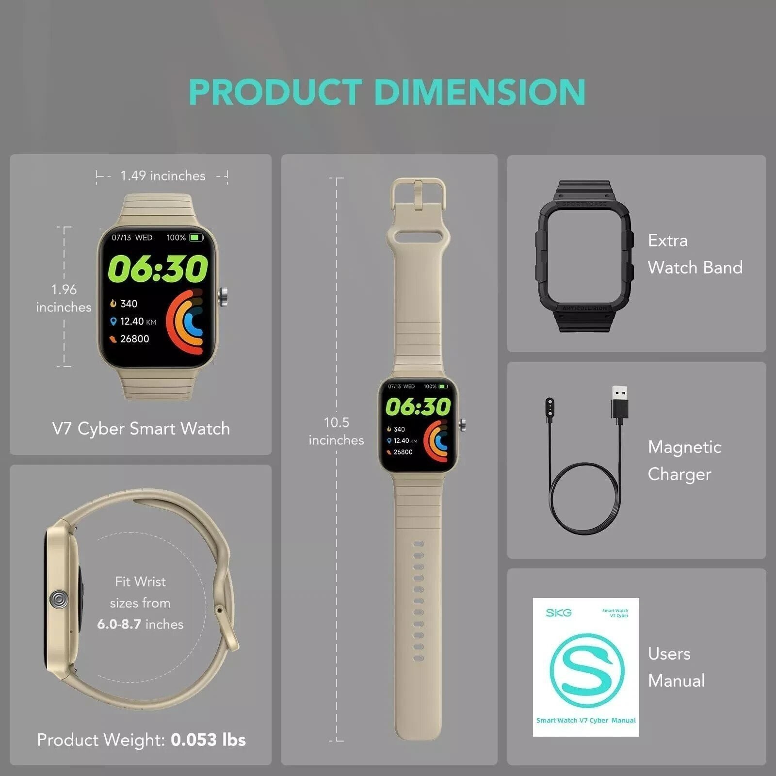SKG Smart Watch Fitness Tracker with Heart Rate SpO2 Monitor, V7 Cyber Beige