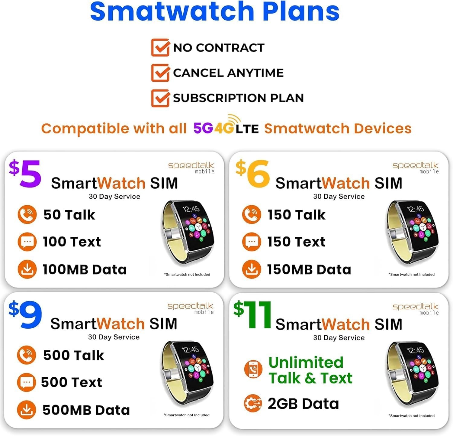 SpeedTalk Kids SmartWatch SIM Card 1000 MinutesTalk 500MB Smart Watch Wearables