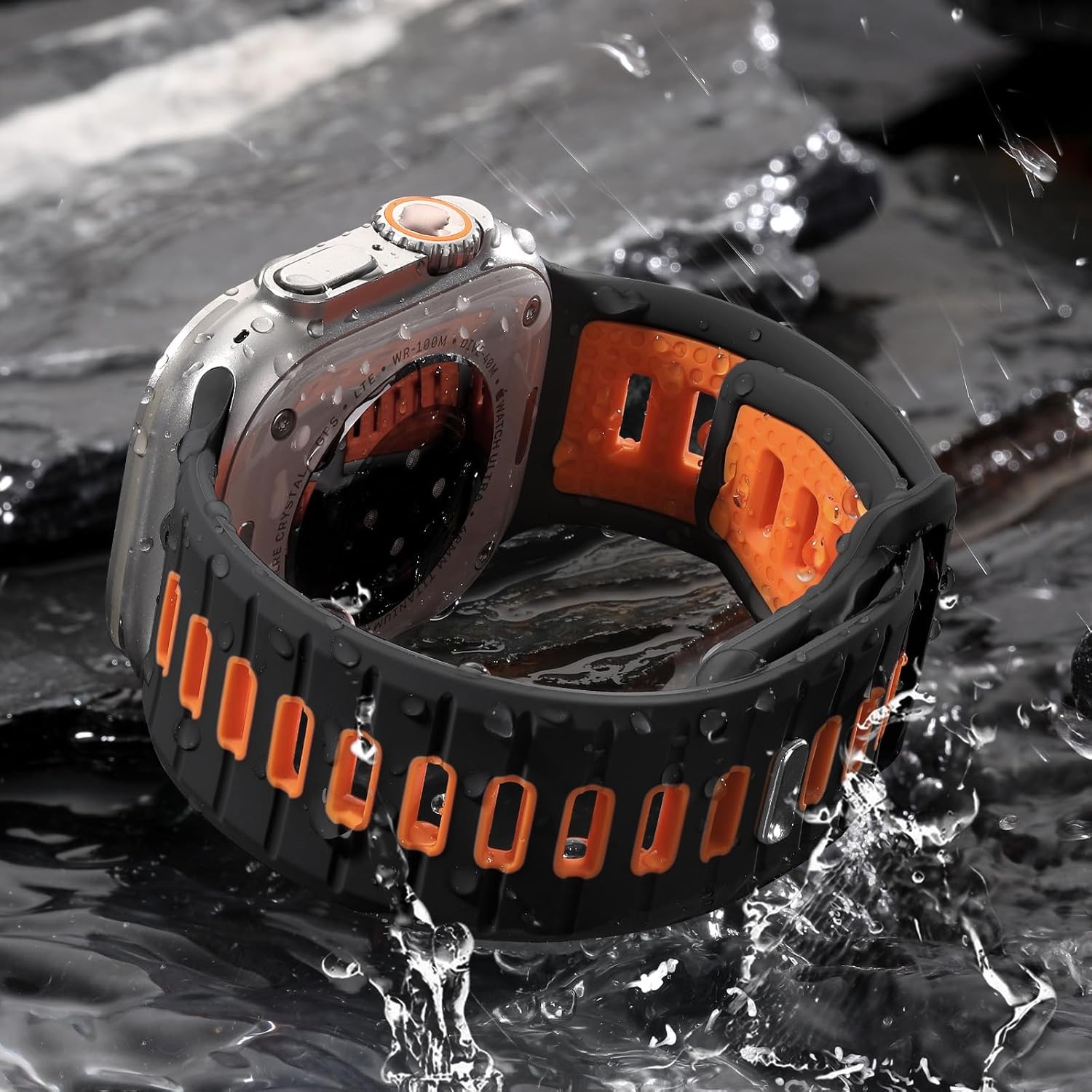 Black/Orange Waterproof Silicone Band for Apple Watch Ultra 2 3/All Series 49mm