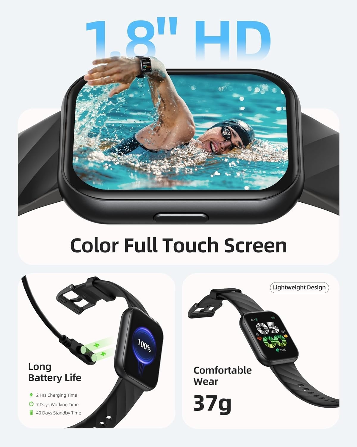 Advanced Fitness Tracker Smart Watch: Heart Rate Monitor, GPS, 200+ Faces, Black