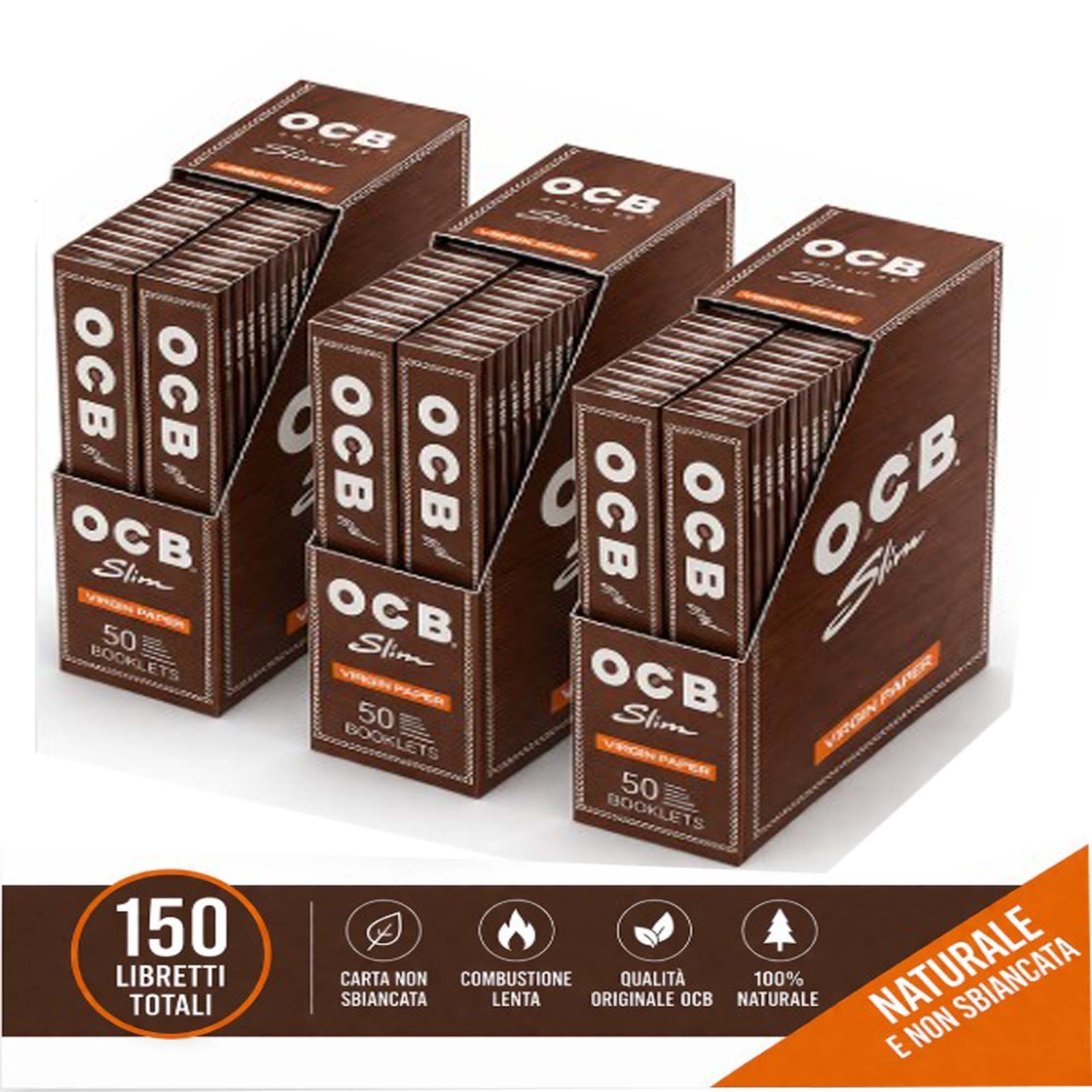 3 Pack OCB Brown Virgin King Size Slim Cartine Lunghe 50 Libretti Originali