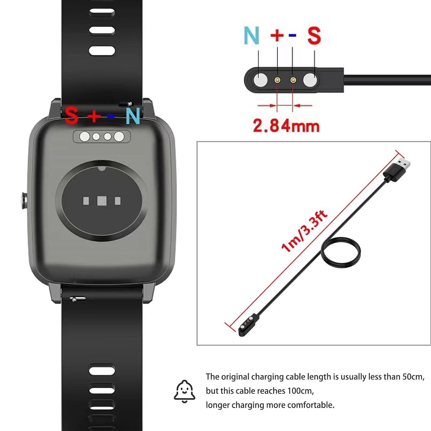Charger for Smartwatch ID208, GTX20, IDW13/15/16/17, IDW19/20/25/26/28, 3.3 ft