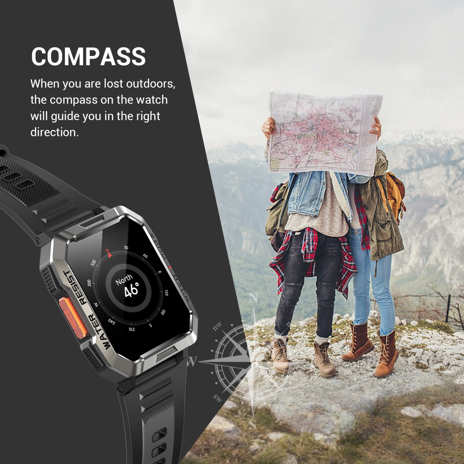 Military Tactical Compass Smart Watch For Men With LED Flashlight Blood Pressure