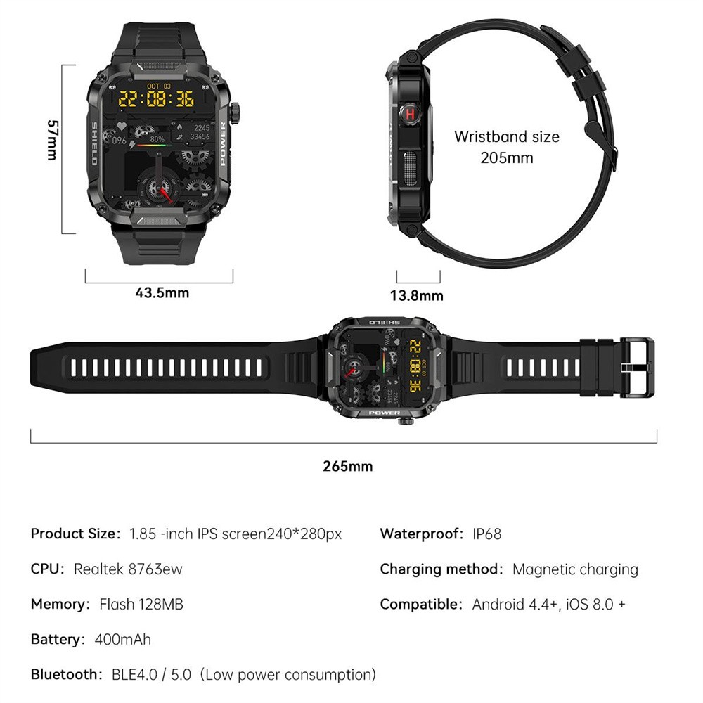Fitness Military Calls 1.85 Inches Full Screen Touch Watch For IOS 8.0 Android