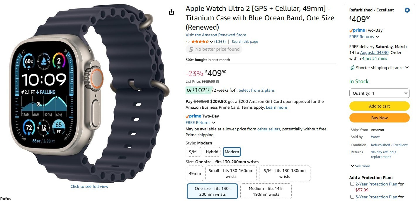 Apple Watch Ultra 2 (GPS+Cellular) 49mm Titanium w/ Blue Ocean Band (MREG3LL/A)