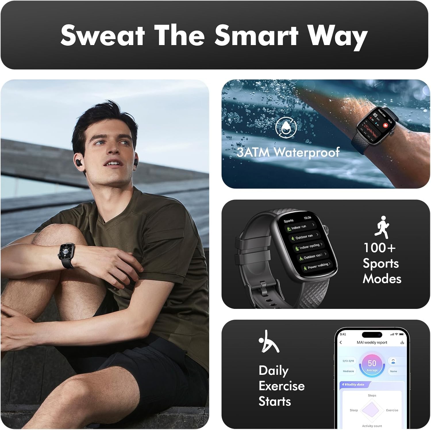 Smart Watch with Bluetooth Call, Heart Rate Monitor, 100 Sports Modes & 3ATM