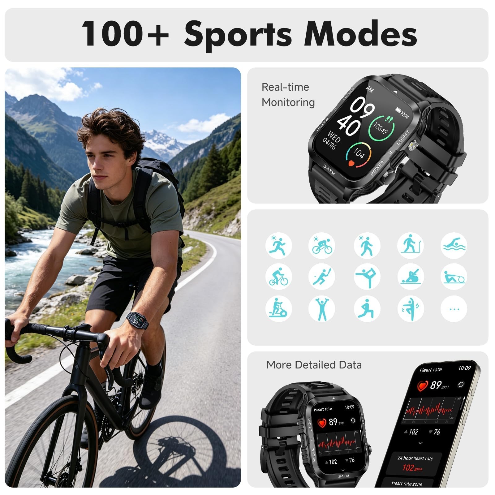 Waterproof Smart Watch for Men, 1.96″ Display, Call Function, 30+ Days Battery,