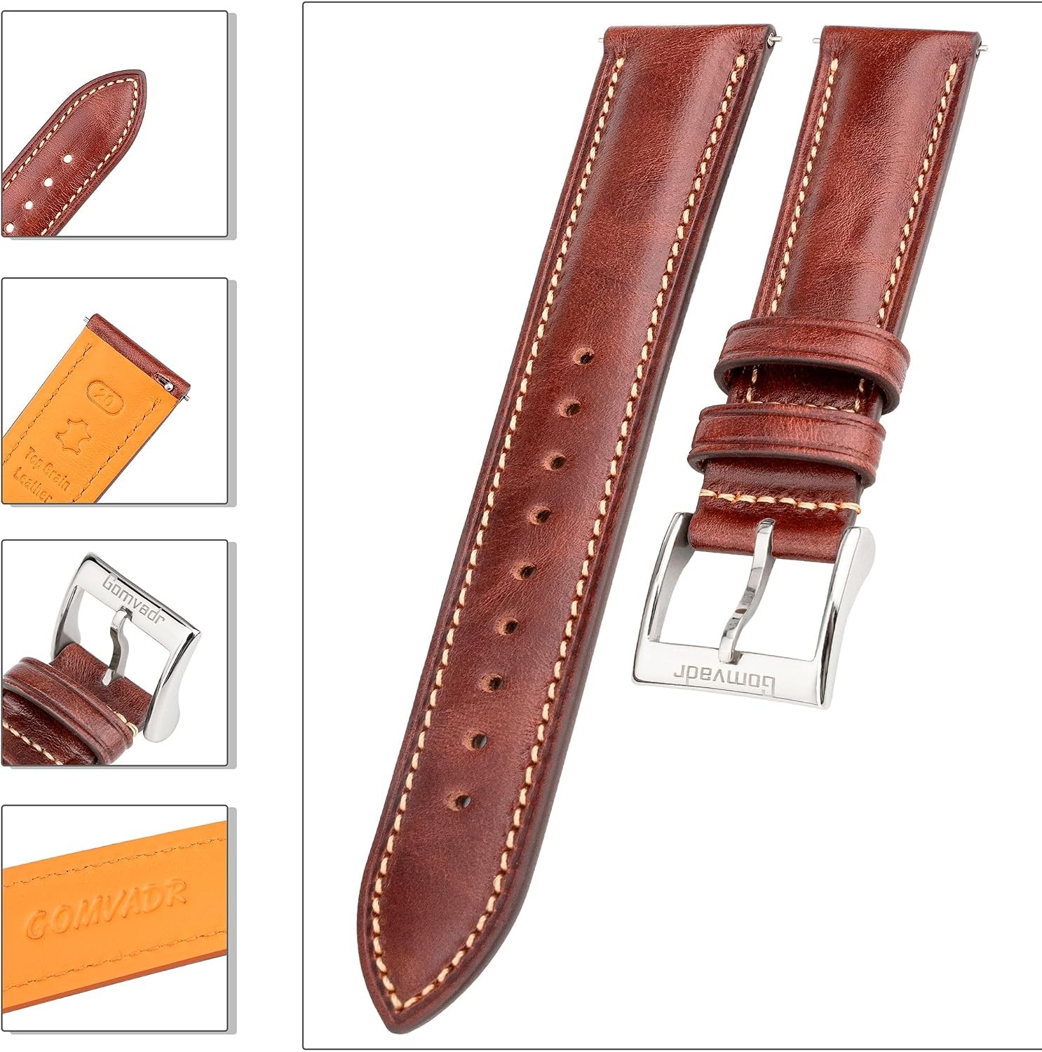 Case For 19mm Quick Release Leather Watch Band, Coffee, Silver Buckle