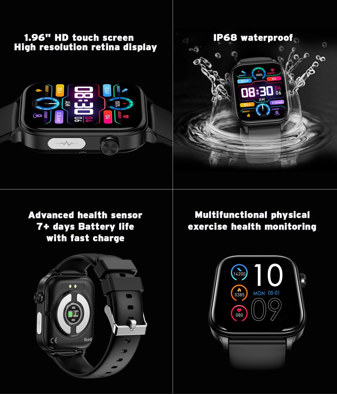 Geelouxian ET570 Smartwatch 1.96″ HD Touchscreen IP68 Waterproof Black for