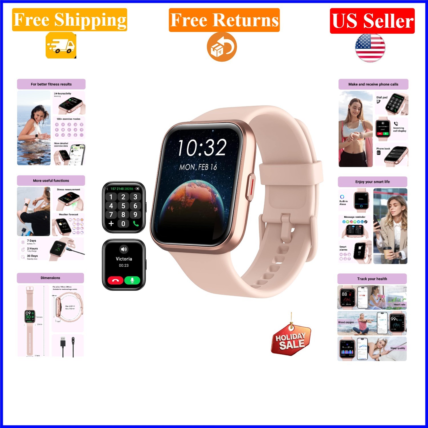 Women’s Pink Android & iPhone Fitness Smart Watch, 1.8″ Touch Screen, Waterproof