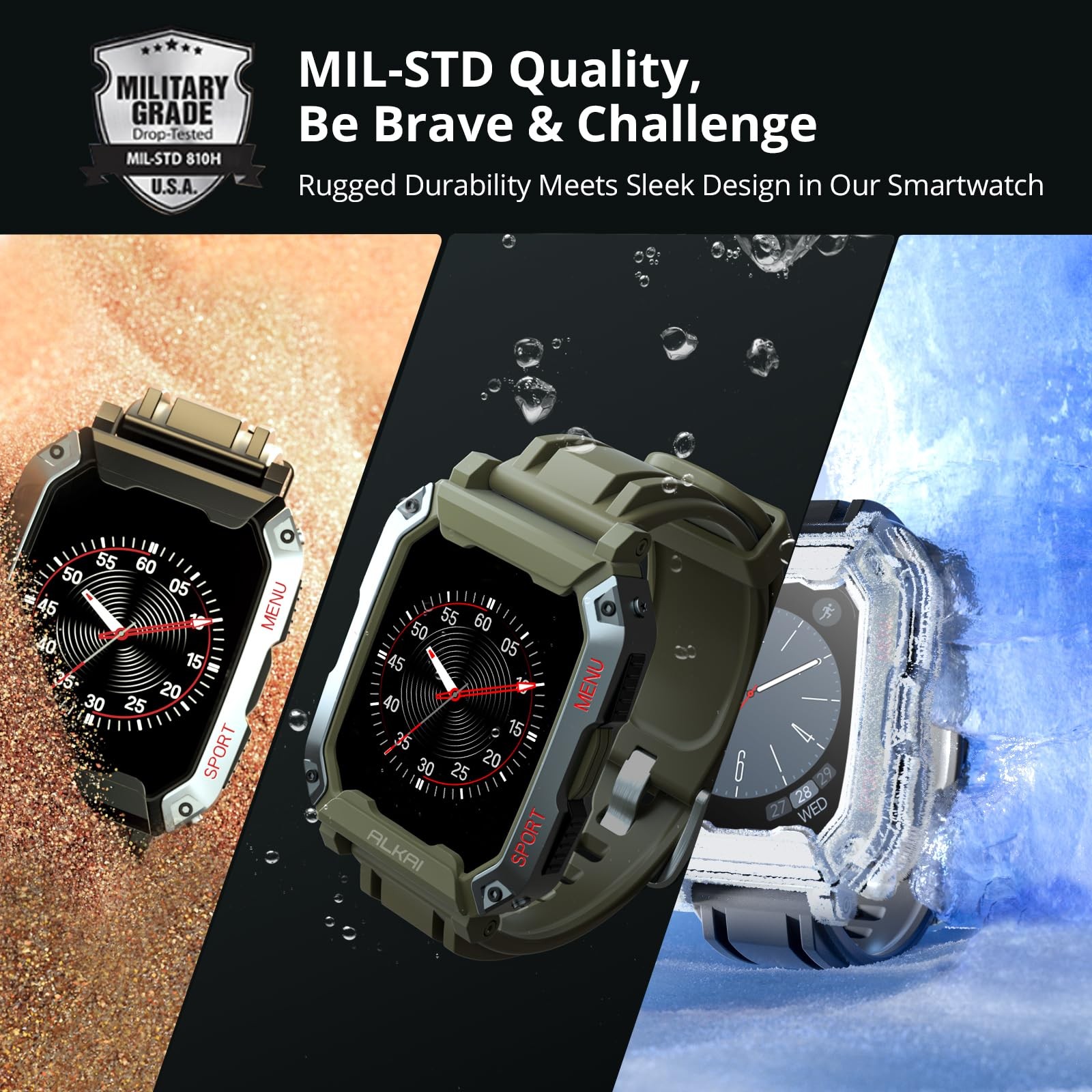 ALKAI 850045550974 Smart Watch Rugged Military 5ATM Waterproof Bluetooth Call