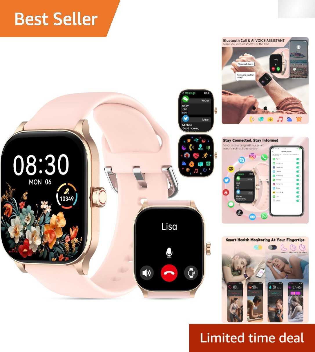 Multifunctional Smartwatch with Stress Monitoring & Extended Battery Life, Pink