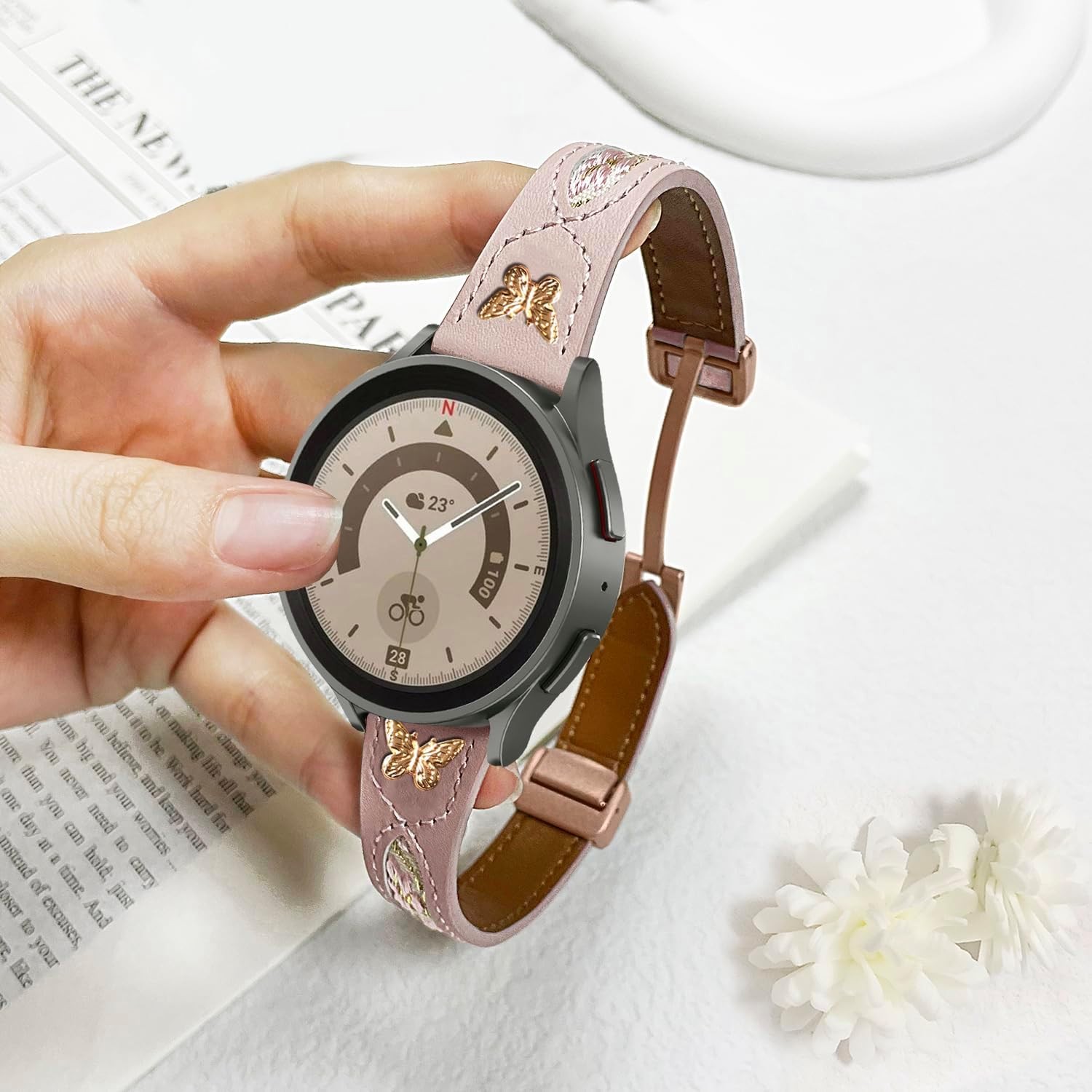 Rose Pink Soft Leather Band for Samsung Galaxy Watch 6 Classic 43mm & 47mm