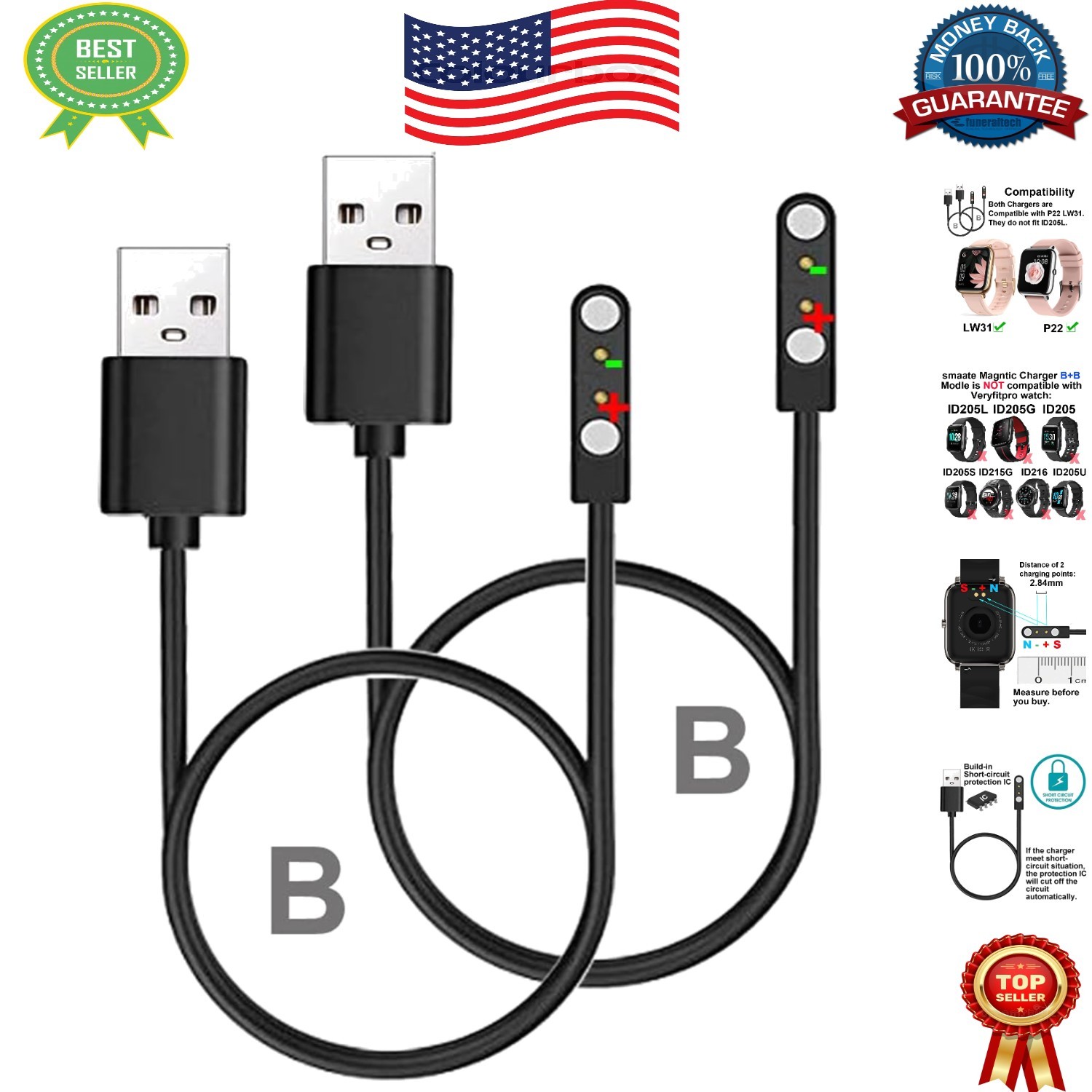 Secure 2-Pack Smartwatch Charging Cables with Magnetic Connection – USB Type C
