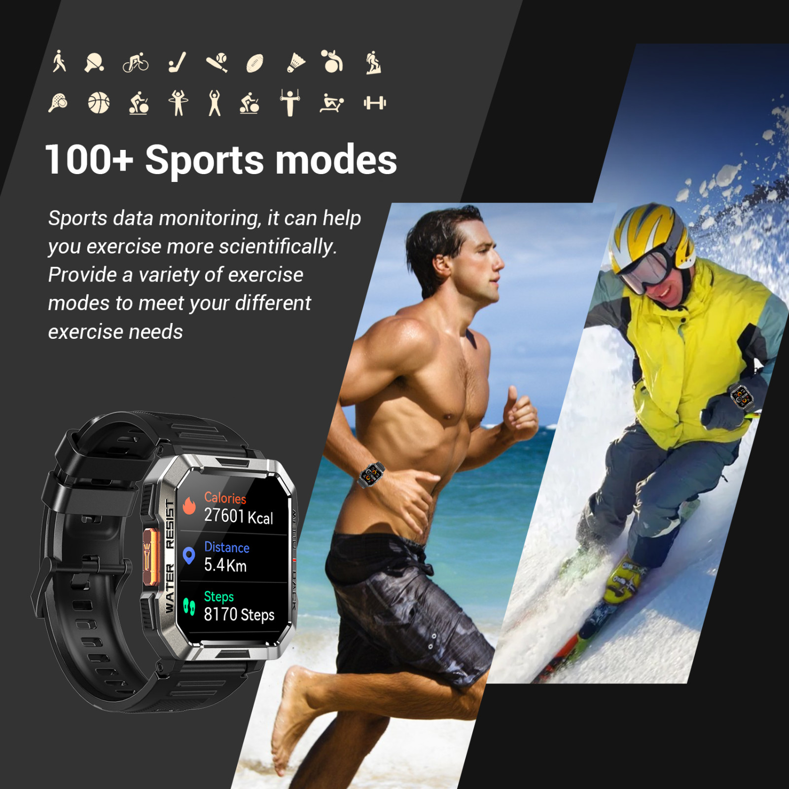 Military Tactical Compass Smart Watch For Men With LED Flashlight Blood Pressure