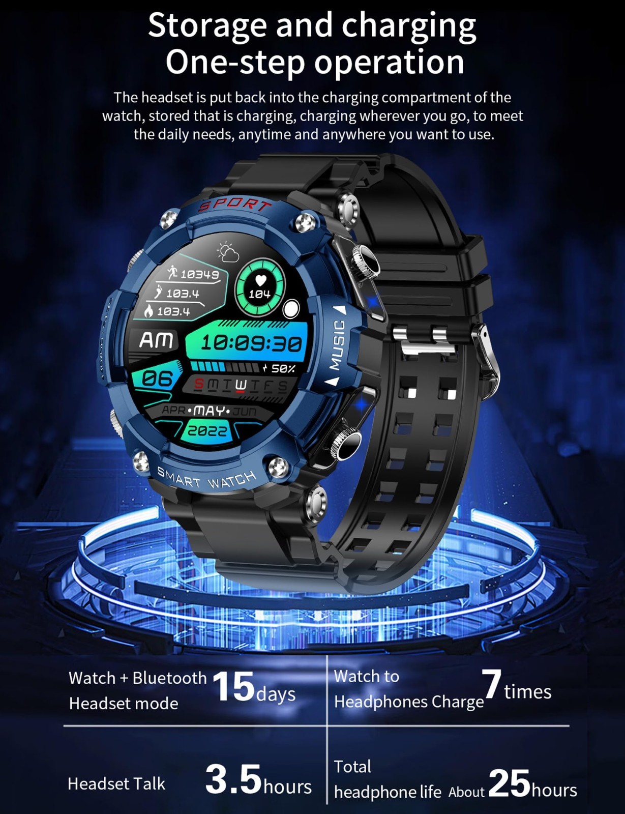 Smart Watch with Bluetooth Earbuds, Fitness Tracker, Military Resistant, Heart R