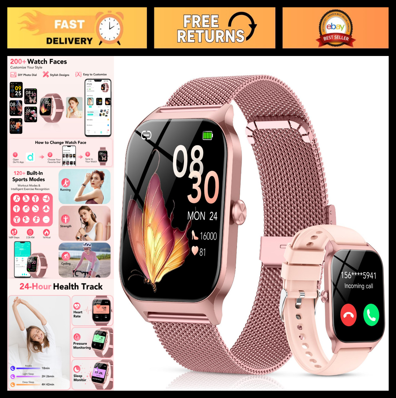 Smartwatch for Women – 1.85” HD Display, Call/Voice, Fitness Tracker, IP68 Water