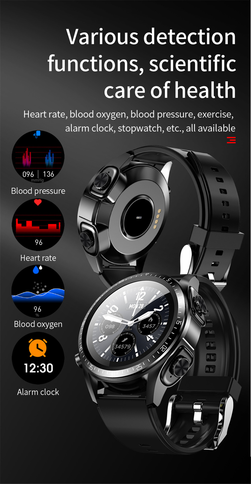 2 In 1 Smart Watch for Women Men Bluetooth Headphones Smartwatch for Android iOS