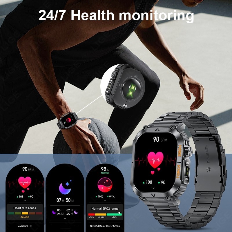 Military Smart Watch for Men Call Receive/Dial Rugged Fitness Tracker Heart Rate
