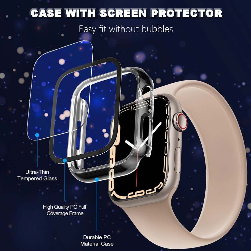 For Apple Watch Series 8 Full Tempered Glass Screen Protector Case Cover 41/45MM
