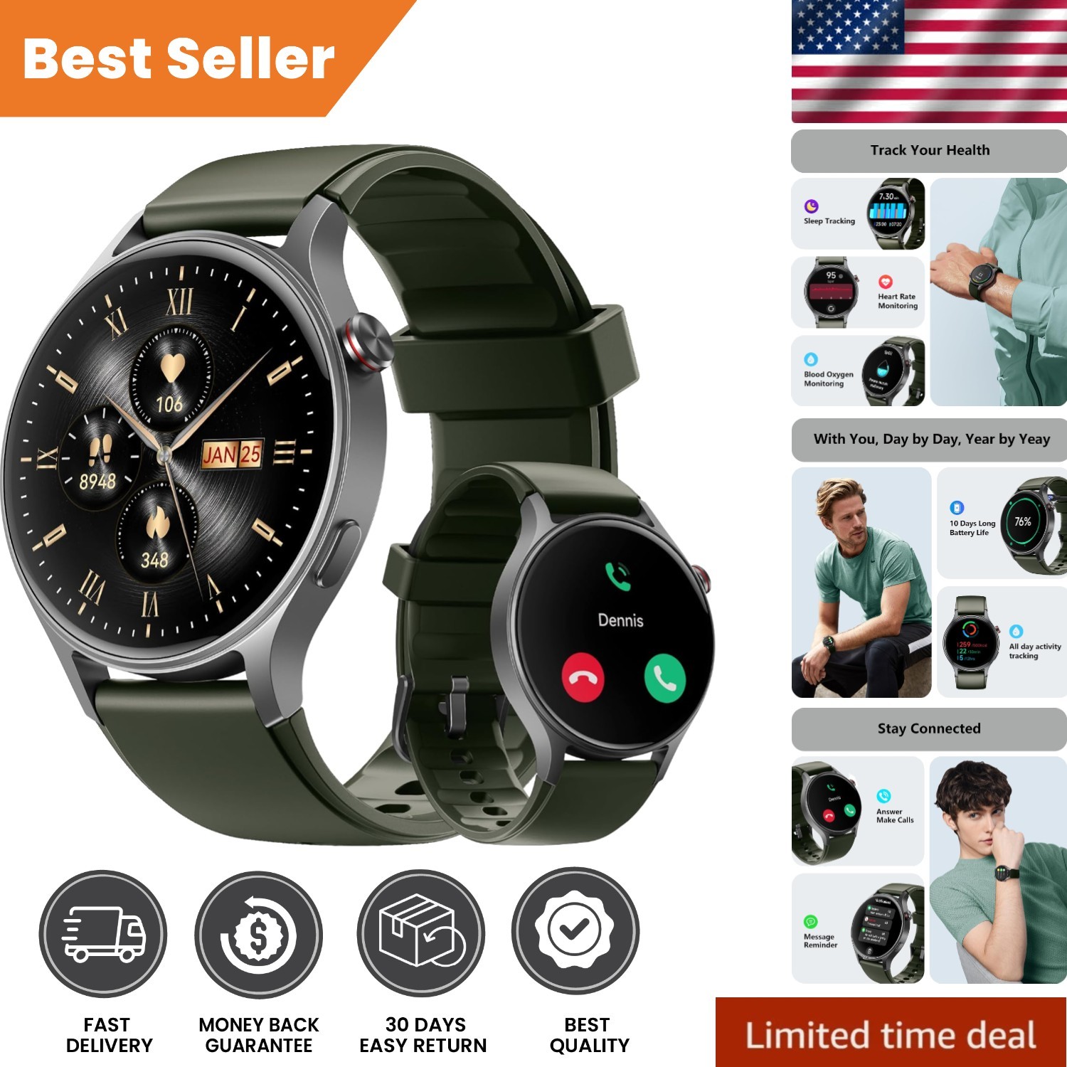 Smartwatch with AMOLED Display, Heart Rate & Sleep Tracker, Waterproof