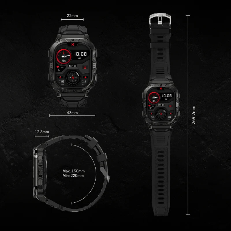 CARBINOX “BLAZE TYPE S ” Tactical Military Smartwatch IP69K Black – NEW OPEN BOX
