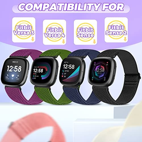 4 Pack Elastic Nylon Watch Bands Compatible with Fitbit Versa 4/3 and Sense 2/3
