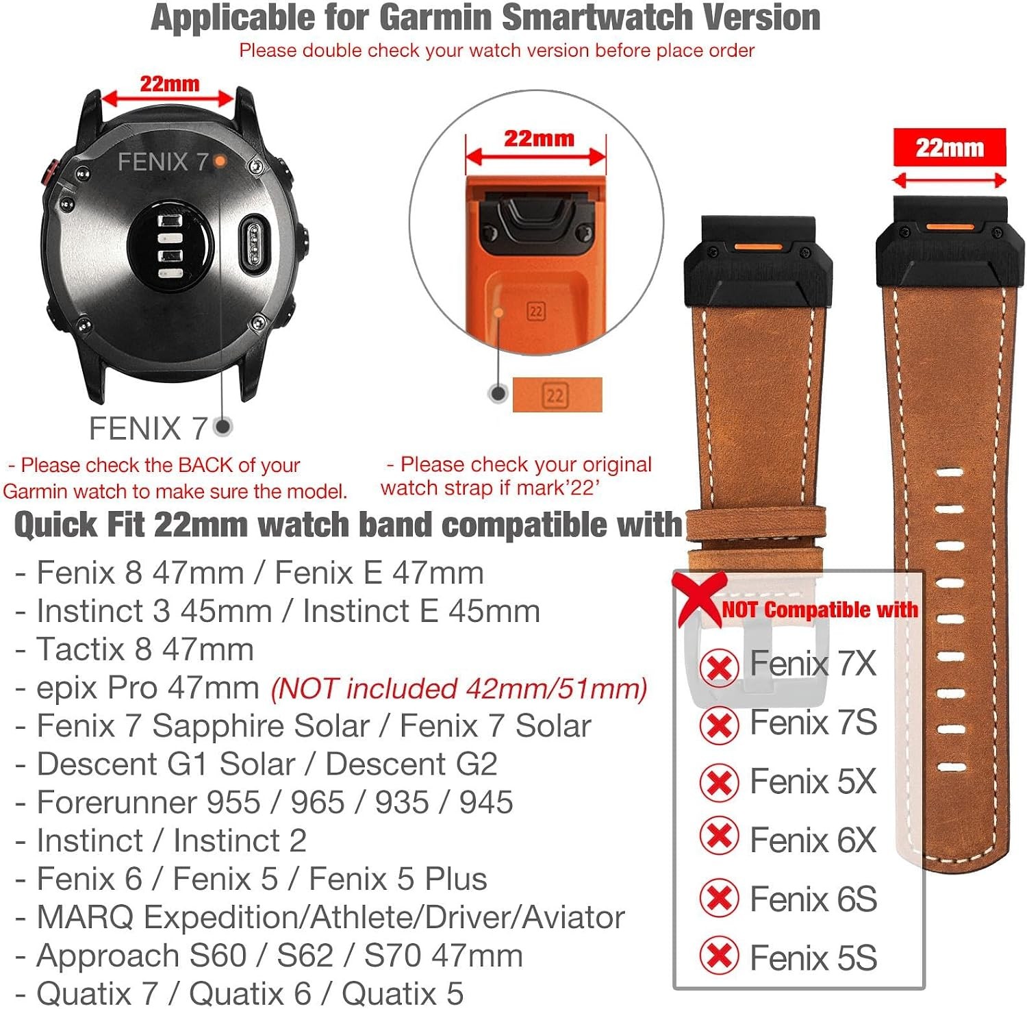 Brown Genuine Leather Watch Band for Garmin Fenix 8, Instinct 3, QuickFit Strap