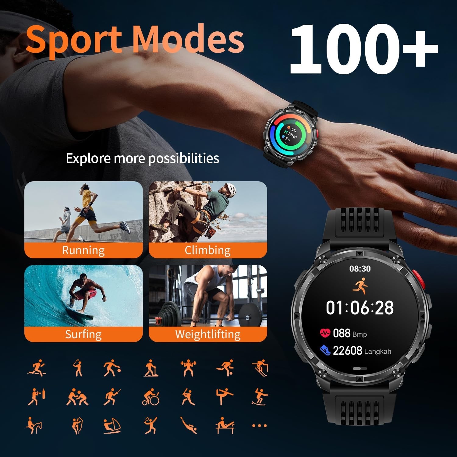 Men’s Military Smart Watch – Waterproof Fitness Tracker, 100+ Sports Modes, Hear