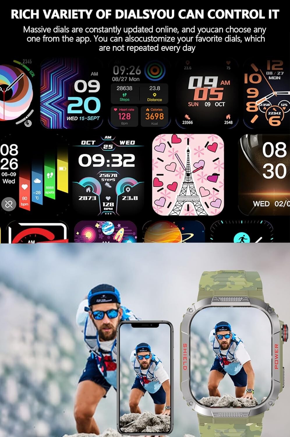 Military Smart Watch Blue Camo Answer/Make Call 2.02″ Screen SpO2 Android iOS