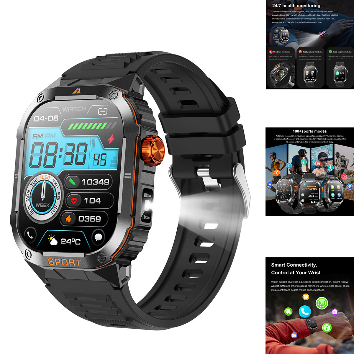 Rugged Smart Watch Bluetooth Heart Rate BP Sleep Monitor Sport Watch Waterproof